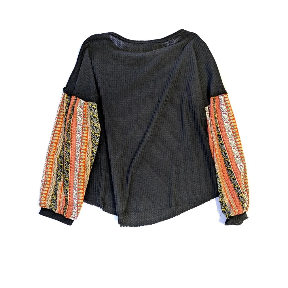 I Joah Premium Black Knit Top - Women's M - Waffle Boho Print Balloon Sleeve - Picture 2 of 7